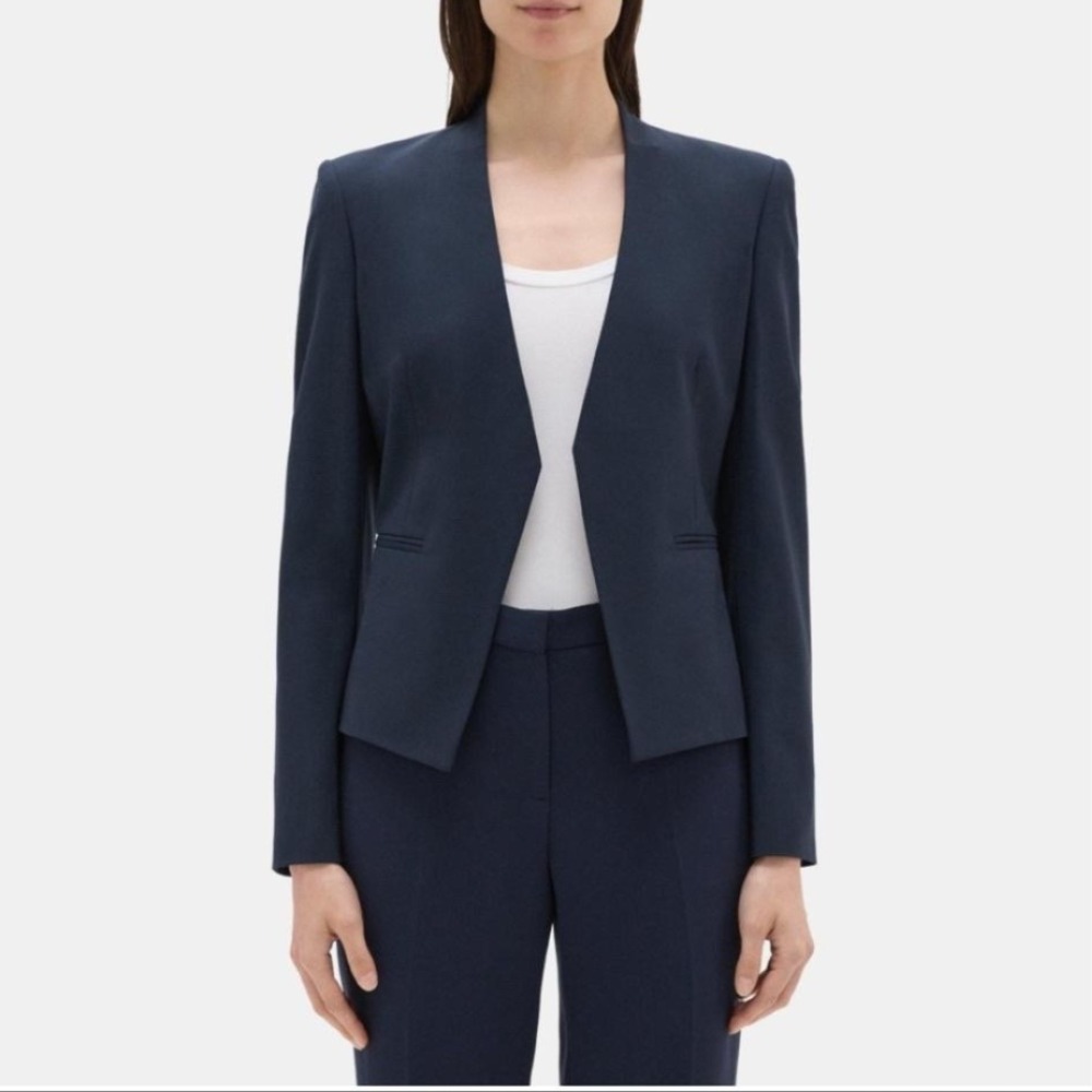 Theory Pant Suit Womens 6 8 Blue Pinstripe Open Front Jacket Trousers Career
